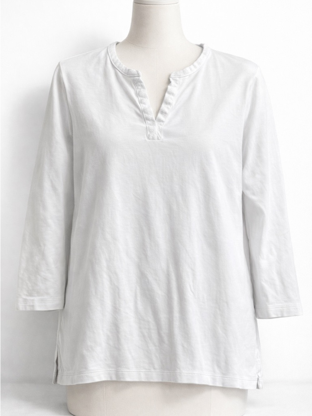 L.L. Bean 1X White Knit Top 3/4 Sleeve Split Neck Casual Classic